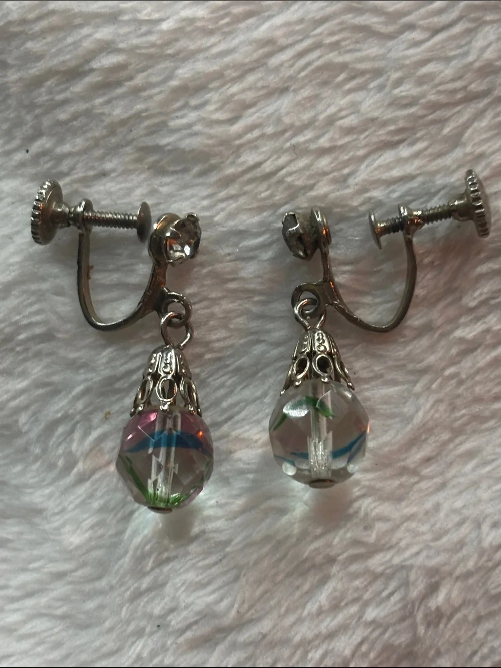 Vintage 50s Silver-Tone Clip-On Earrings with Multicolor Glass Drops